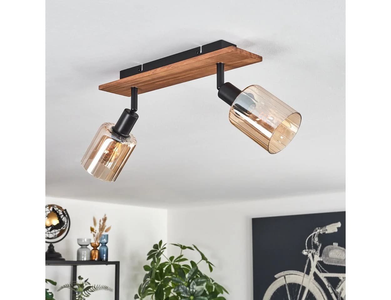 Hofstein Deckenlampe Industrial Schwarz/Natur mit Bernsteinglas-Schirmen
