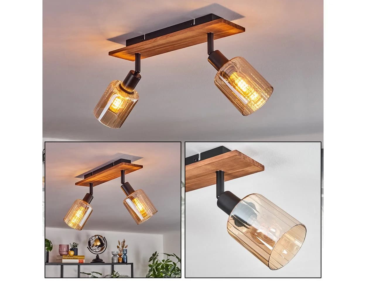 Hofstein Deckenlampe Industrial Schwarz/Natur mit Bernsteinglas-Schirmen - Bild 2