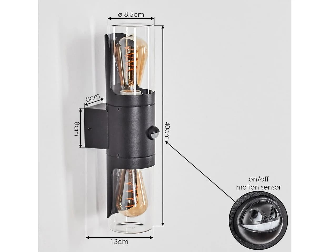 hofstein Außen-Wandleuchte mit Bewegungsmelder Schwarz/Glas IP44 - Bild 4