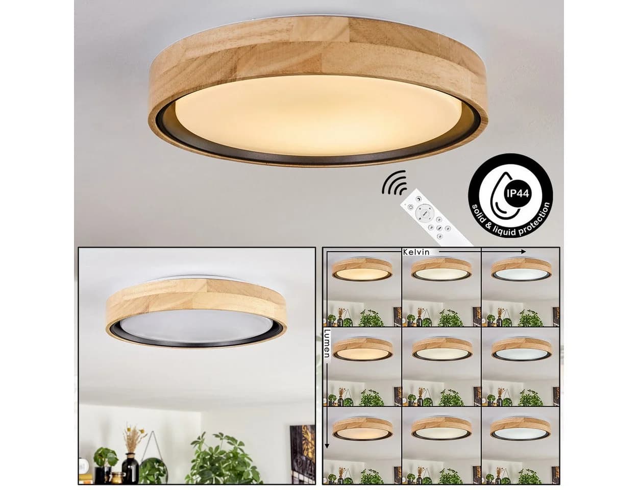 hofstein Deckenleuchte dimmbar LED Weiß Holz Metall IP44 - Bild 2