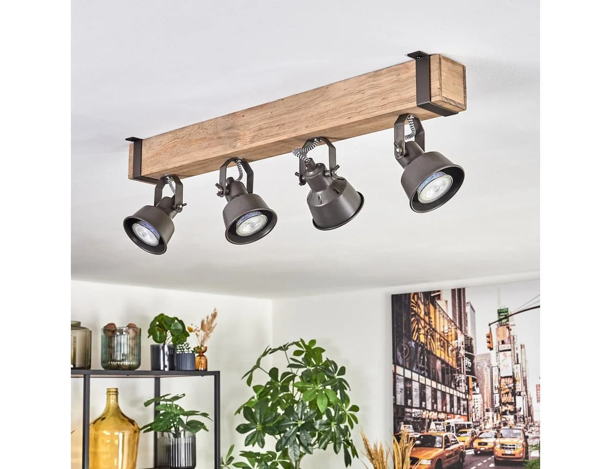 hofstein Deckenleuchte Grau Metall/Holz Industrial Retro Vintage 4xGU10