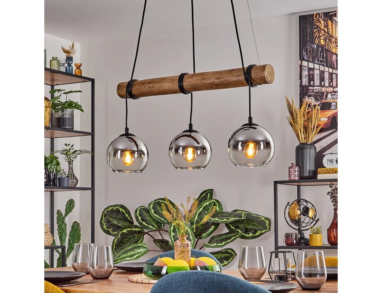 hofstein Pendelleuchte Hängeleuchte Boho-Design mit Glas und Holz - Bild 2