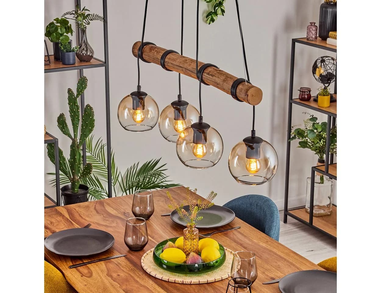 hofstein Pendelleuchte Boho-Design 4x E27 Holz Metall Glas - Bild 2