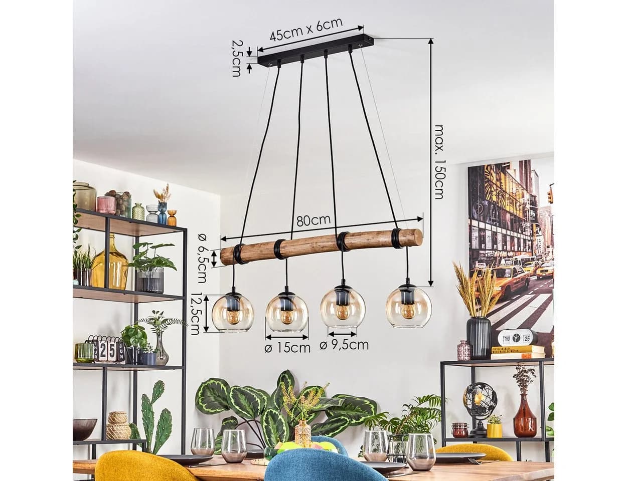 hofstein Pendelleuchte Boho-Design 4x E27 Holz Metall Glas - Bild 4