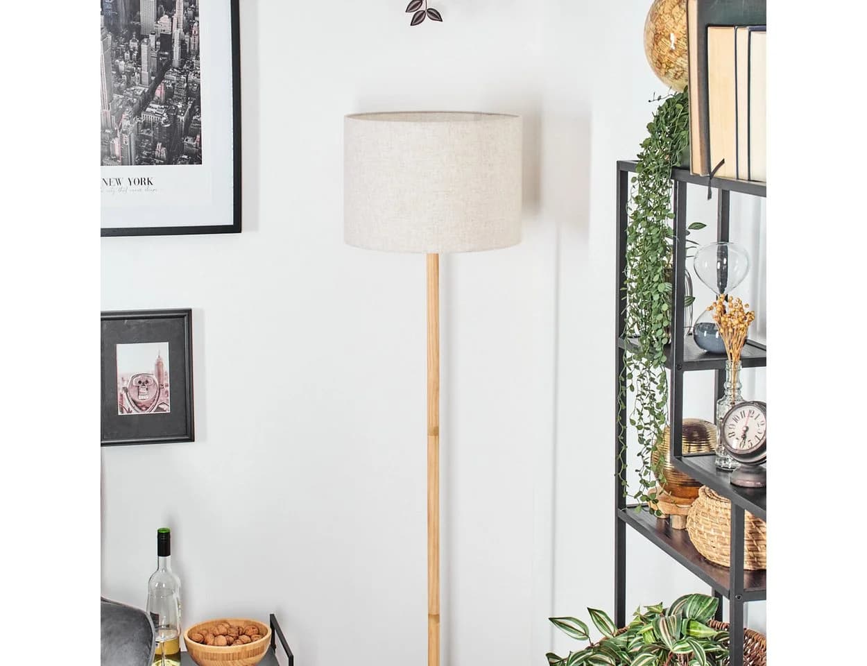 hofstein Stehlampe Holz/Metall Stoffschirm Beige Schwarz Skandinavisch
