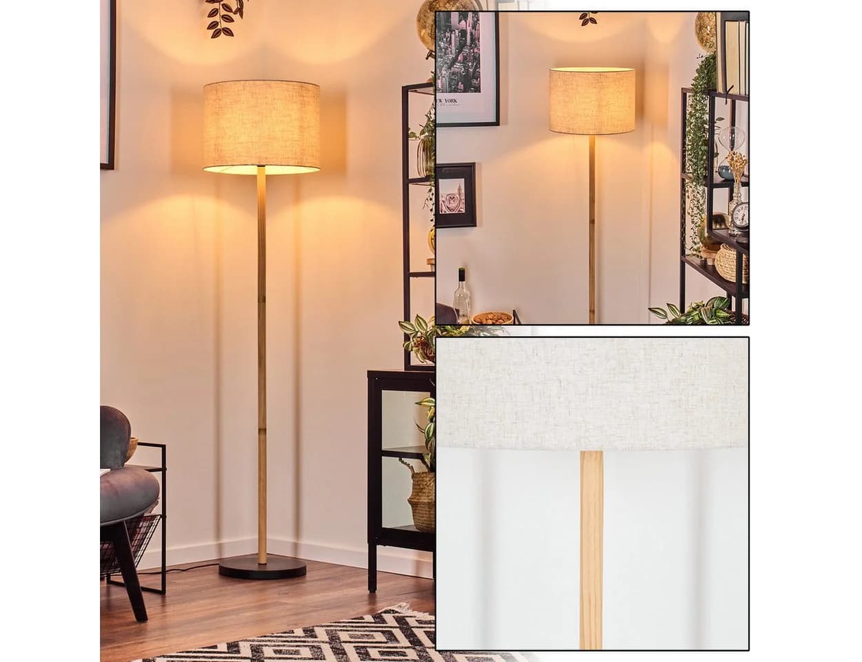 hofstein Stehlampe Holz/Metall Stoffschirm Beige Schwarz Skandinavisch - Bild 2