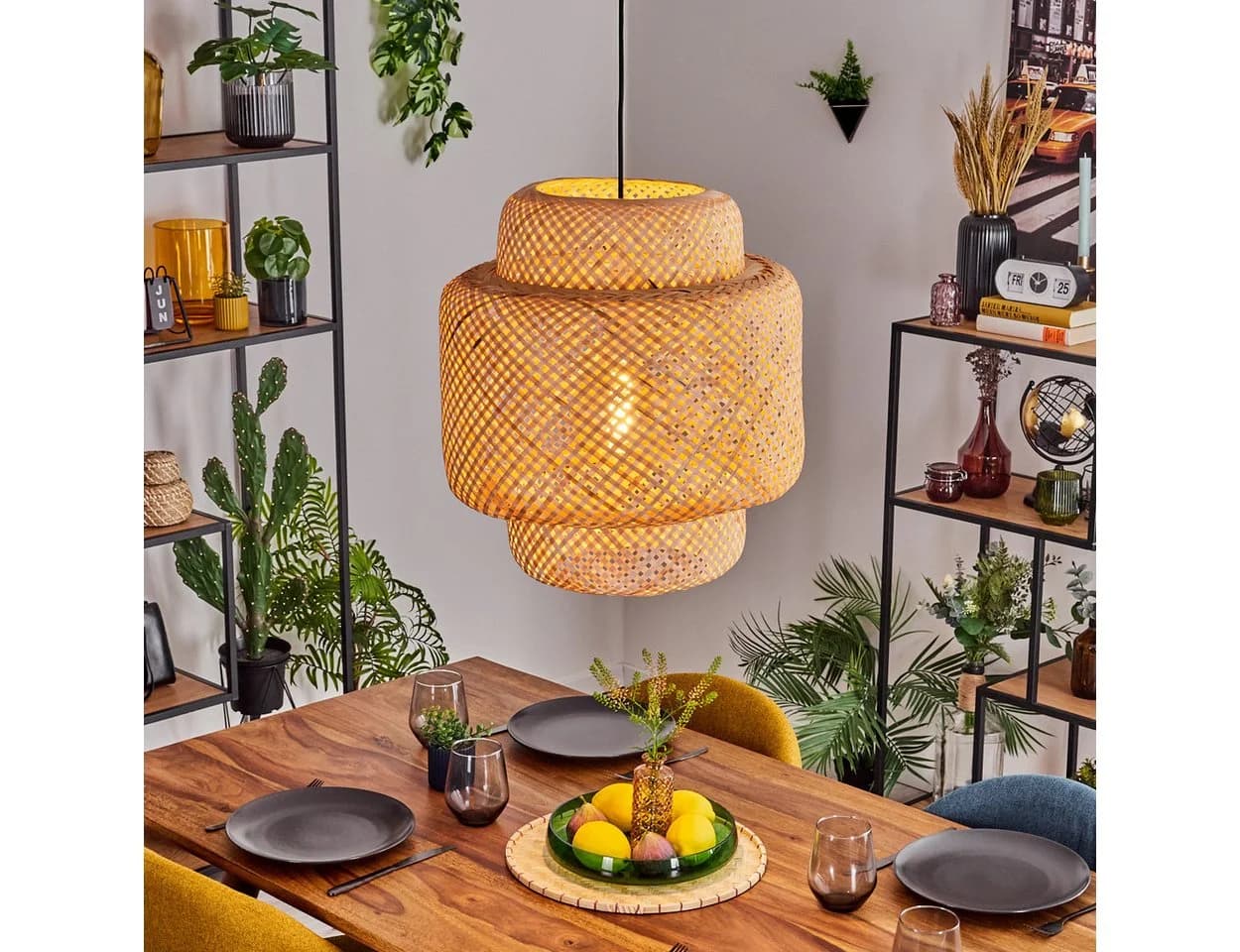 hofstein Hängeleuchte Schwarz/Natur Boho-Design Metall/Bambus