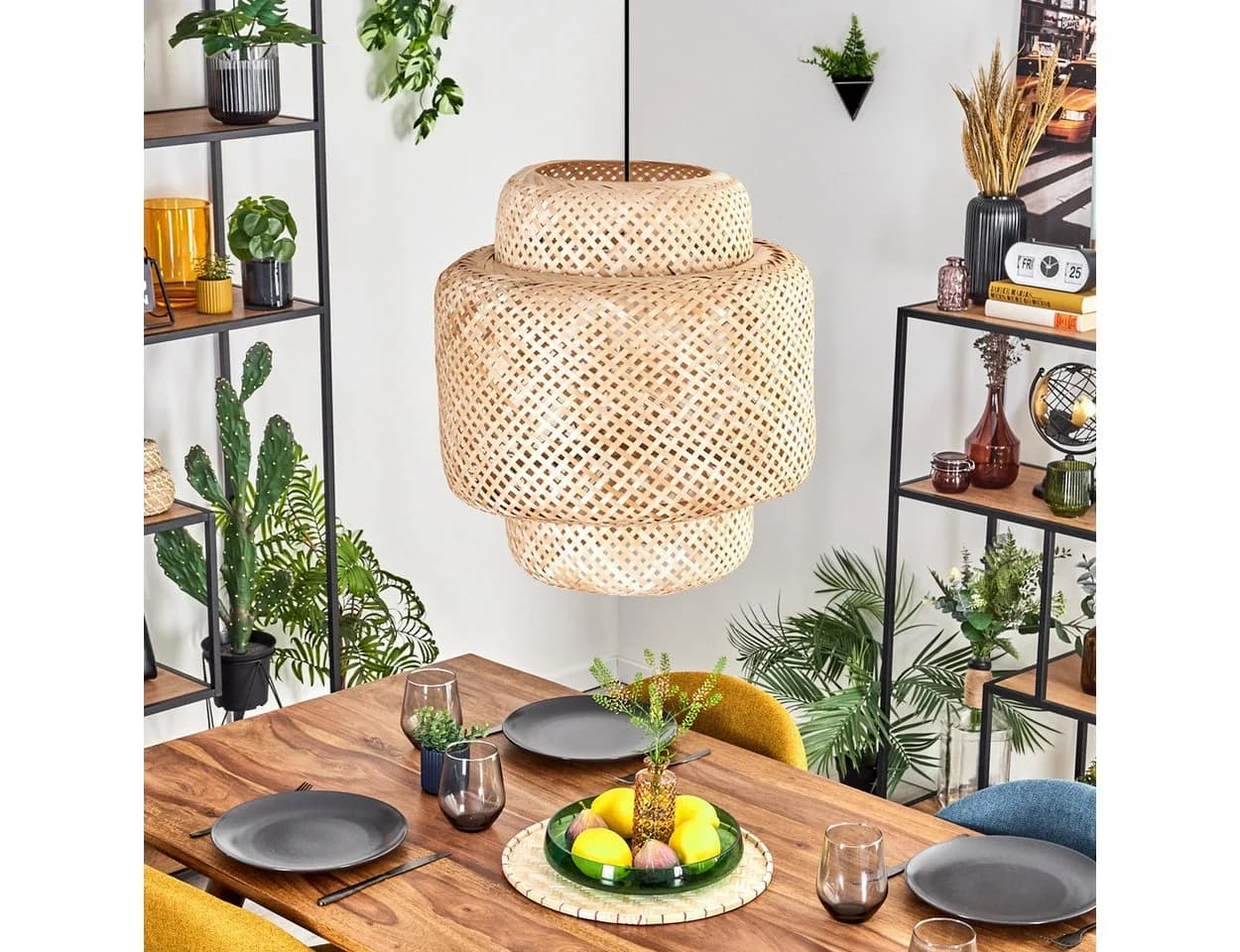 hofstein Hängeleuchte Schwarz/Natur Boho-Design Metall/Bambus - Bild 3