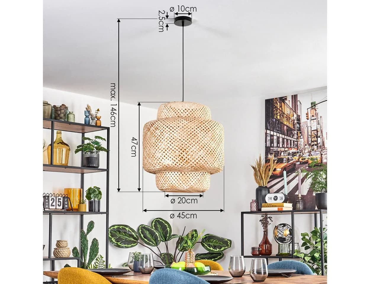 hofstein Hängeleuchte Schwarz/Natur Boho-Design Metall/Bambus - Bild 5