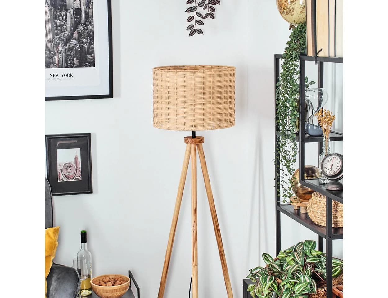 hofstein Stehlampe Holzfuß Rattan Boho-Style Skandinavisch
