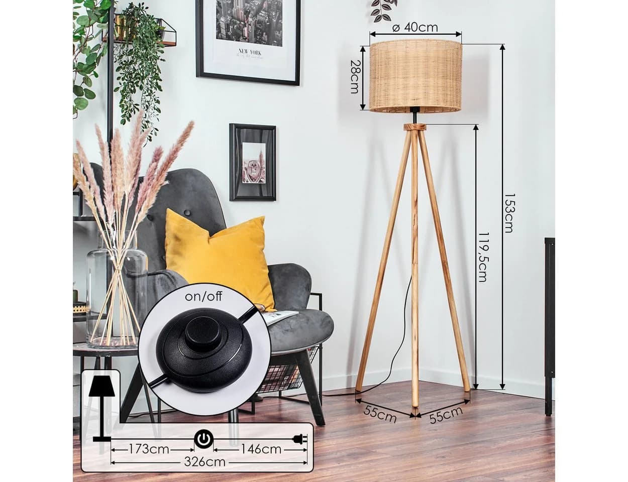 hofstein Stehlampe Holzfuß Rattan Boho-Style Skandinavisch - Bild 4