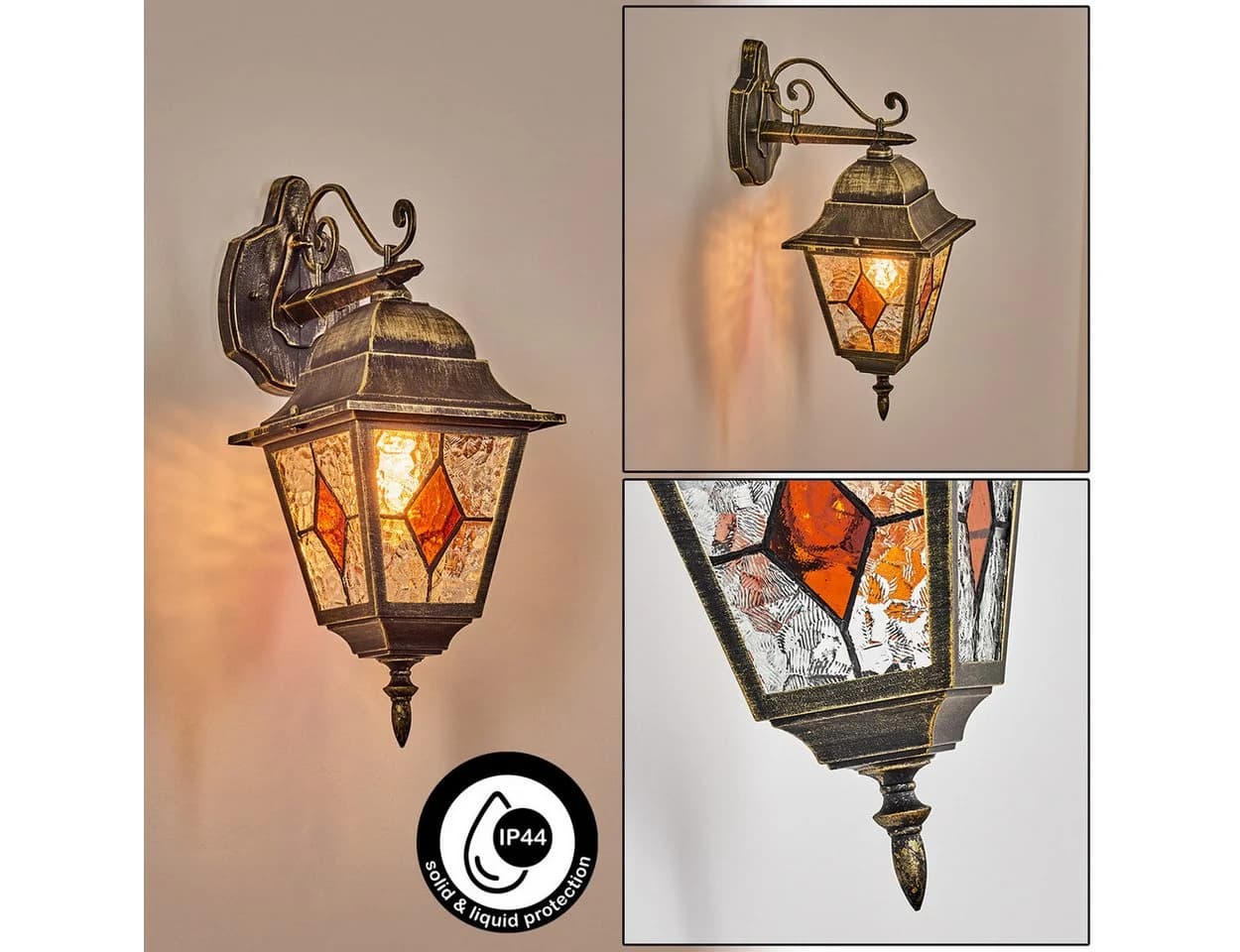 hofstein Außen-Wandleuchte Metall/Glas Gold/Schwarz Retro Vintage Antik Landhaus Design E27 IP44