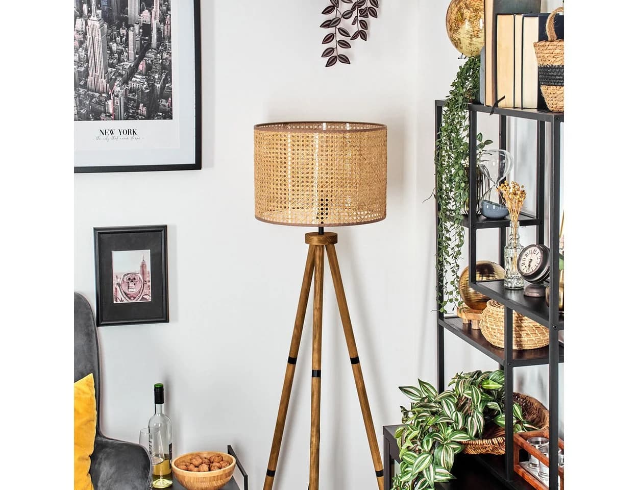 hofstein Stehlampe Holz/Rattan Wiener Geflecht Beige Skandinavisch