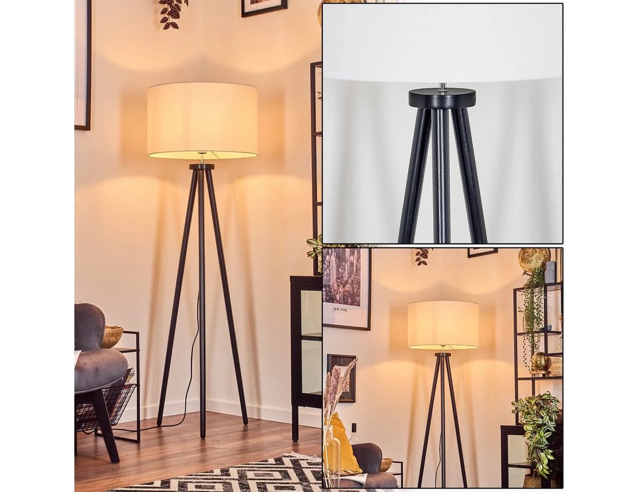 hofstein Stehlampe Holz/Stoff Schwarz/Weiß Skandinavisch