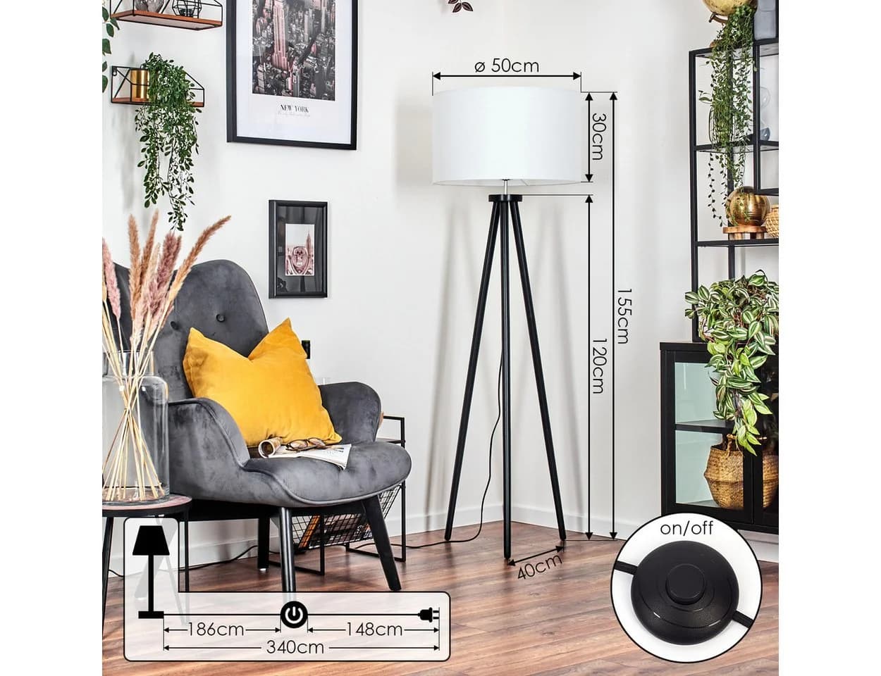 hofstein Stehlampe Holz/Stoff Schwarz/Weiß Skandinavisch - Bild 5
