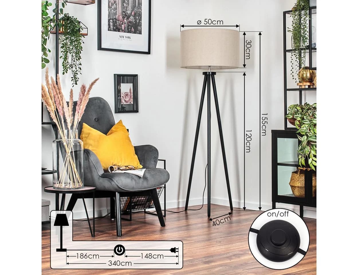 hofstein Stehlampe Holz/Stoff Schwarz/Beige/Weiß 155 cm - Bild 4