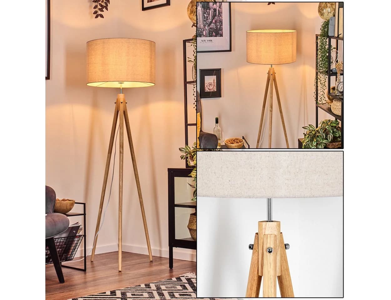 hofstein Stehlampe Holz/Stoff Naturfarben/Beige/Weiß 50 cm Schirm