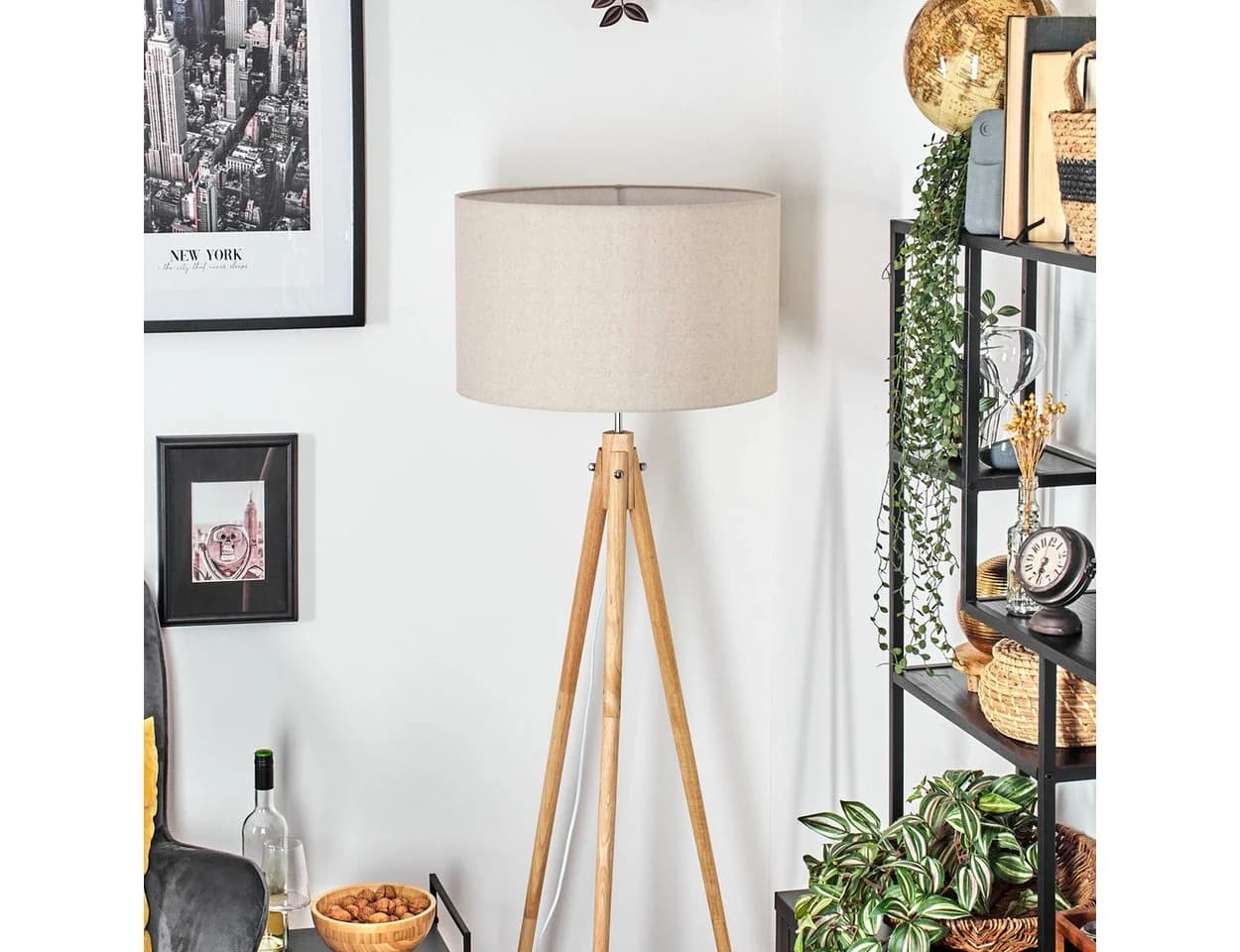 hofstein Stehlampe Holz/Stoff Naturfarben/Beige/Weiß 50 cm Schirm - Bild 3