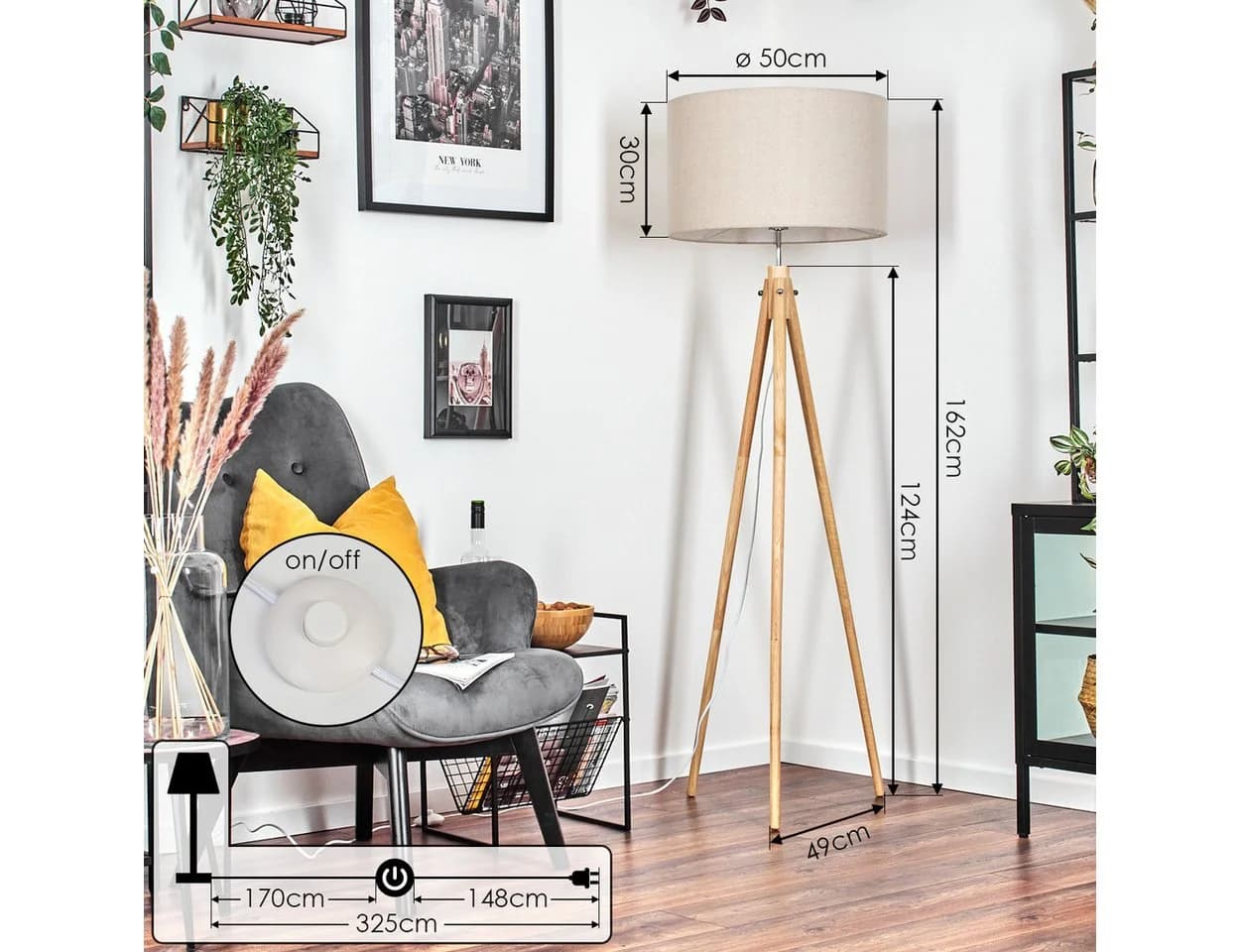 hofstein Stehlampe Holz/Stoff Naturfarben/Beige/Weiß 50 cm Schirm - Bild 5