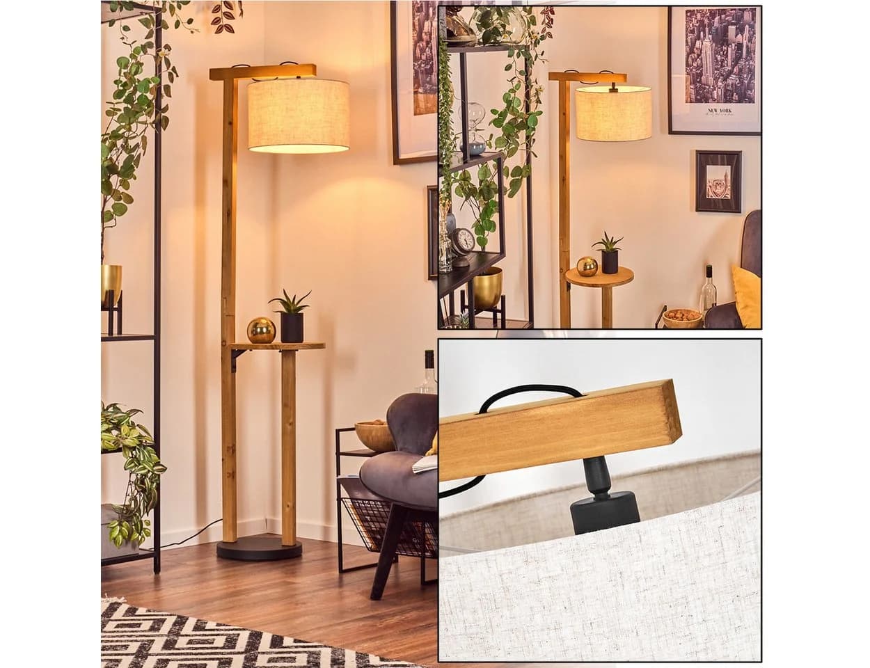 hofstein Stehlampe Skandinavisch Holz Metall Stoff Beige Schwarz Weiß E27 - Bild 2