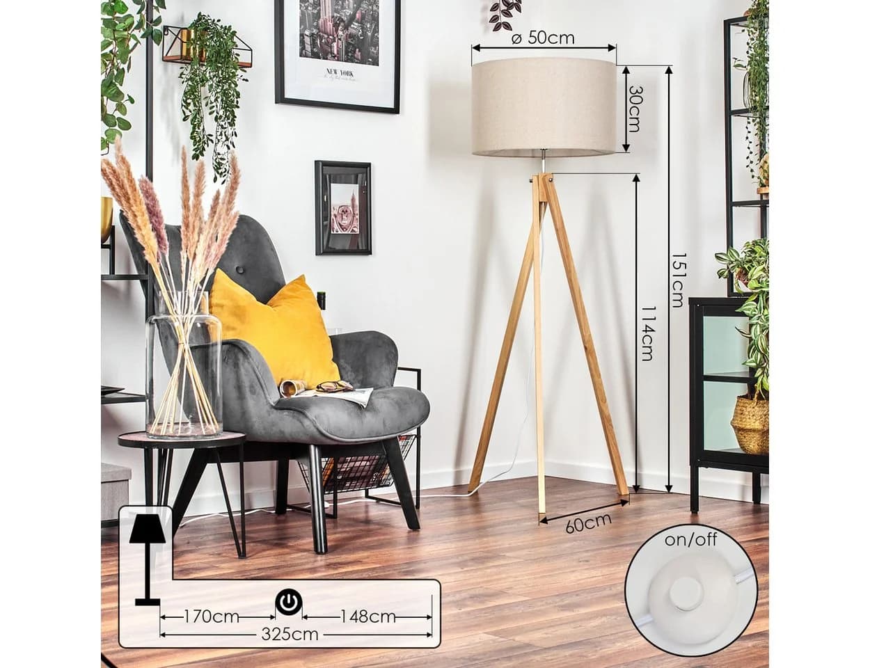 hofstein Stehlampe Holz/Stoff Beige Weiß Skandinavisch - Bild 5