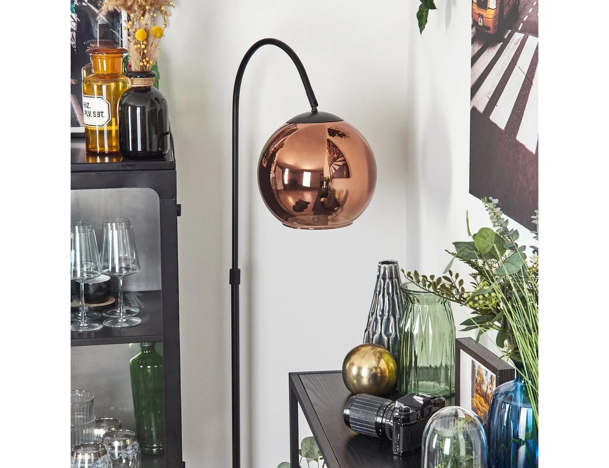 hofstein Bogenlampe Stehlampe Schwarz/Kupfer E27