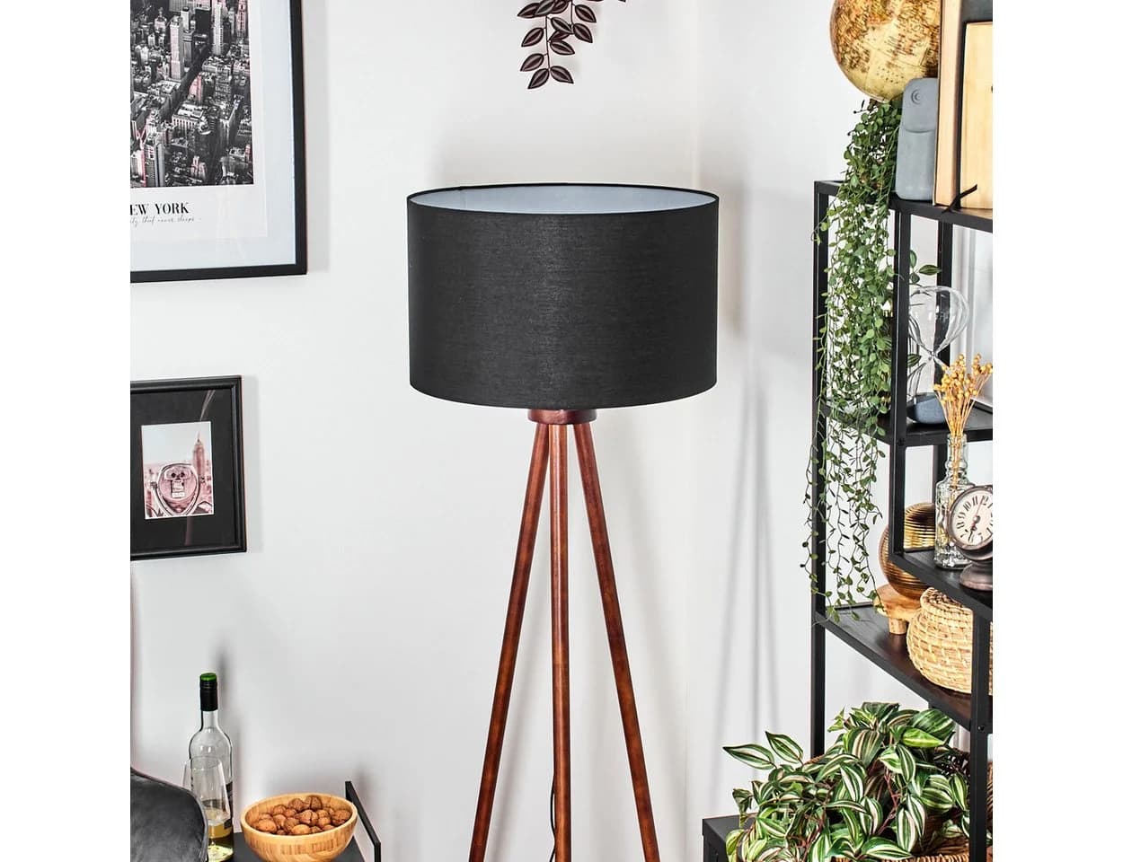 hofstein Stehlampe Holz/Stoff Dunkelbraun/Schwarz/Weiß E27