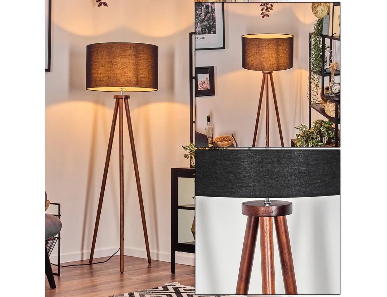 hofstein Stehlampe Holz/Stoff Dunkelbraun/Schwarz/Weiß E27 - Bild 2