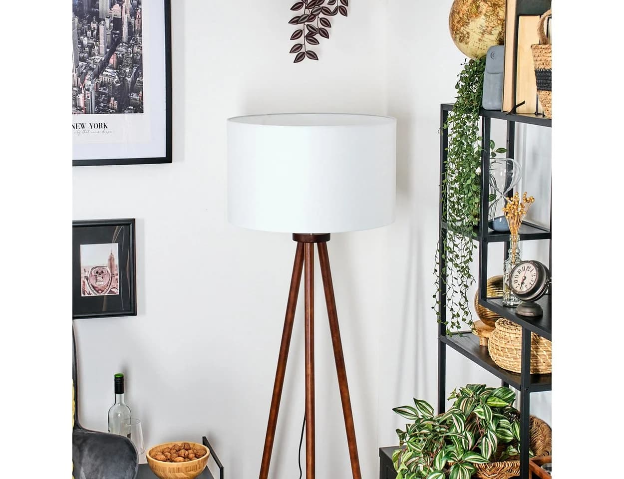 hofstein Stehlampe Holz/Stoff Dunkelbraun/Weiß Skandinavisch
