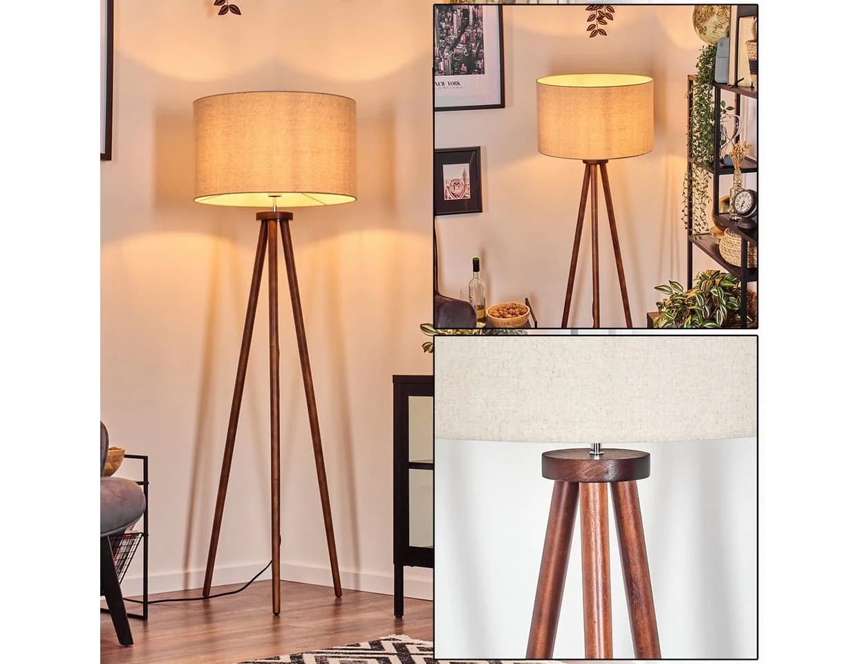 hofstein Stehlampe Holz/Stoff Dunkelbraun Beige Weiß Skandinavisch