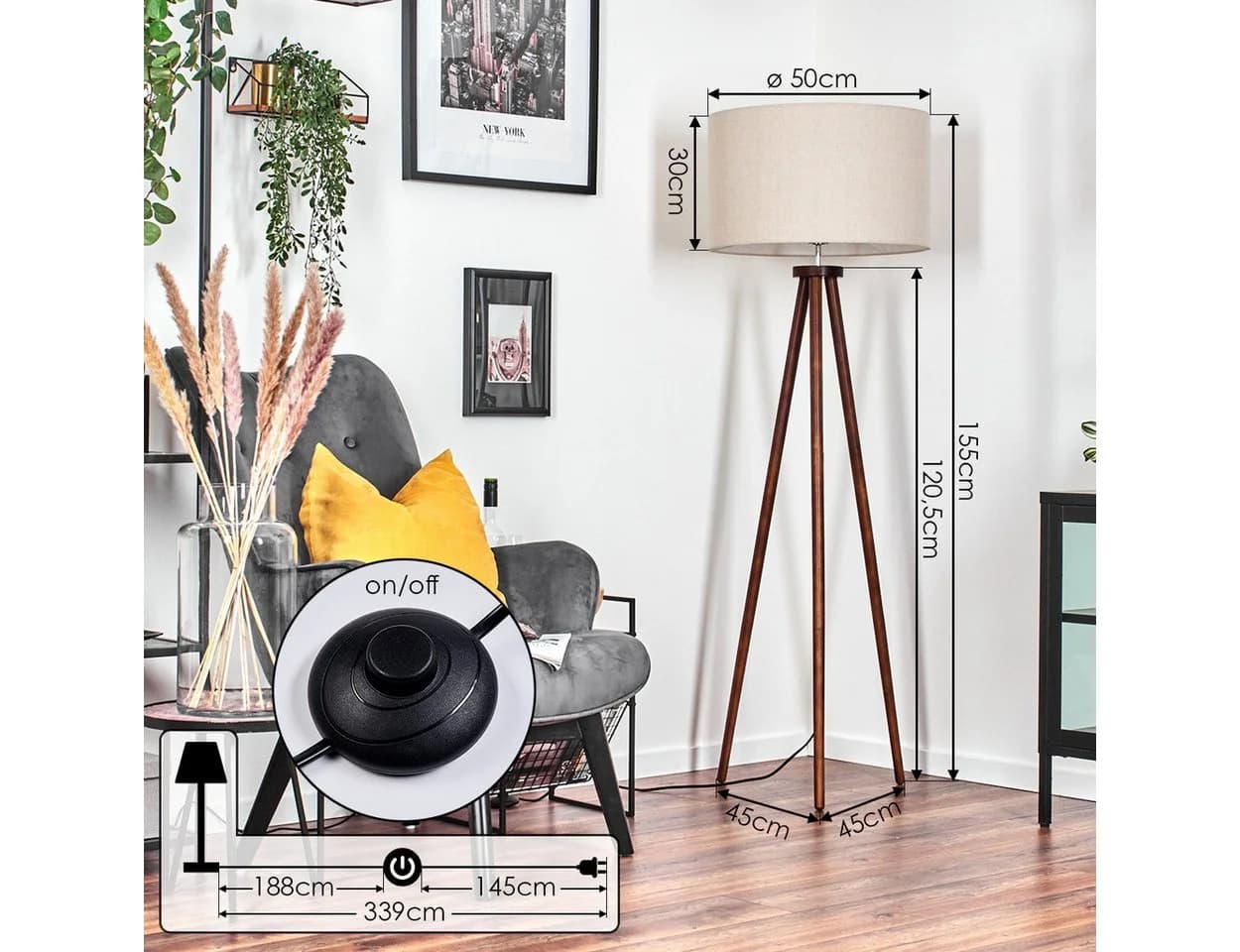hofstein Stehlampe Holz/Stoff Dunkelbraun Beige Weiß Skandinavisch - Bild 5