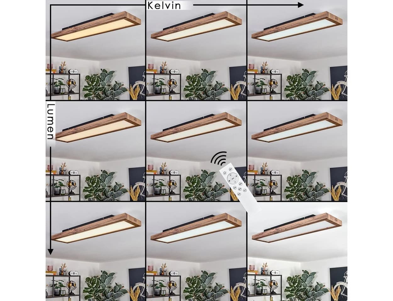 hofstein Deckenleuchte Dimmbar LED Panel Schwarz/Holzoptik mit Fernbedienung