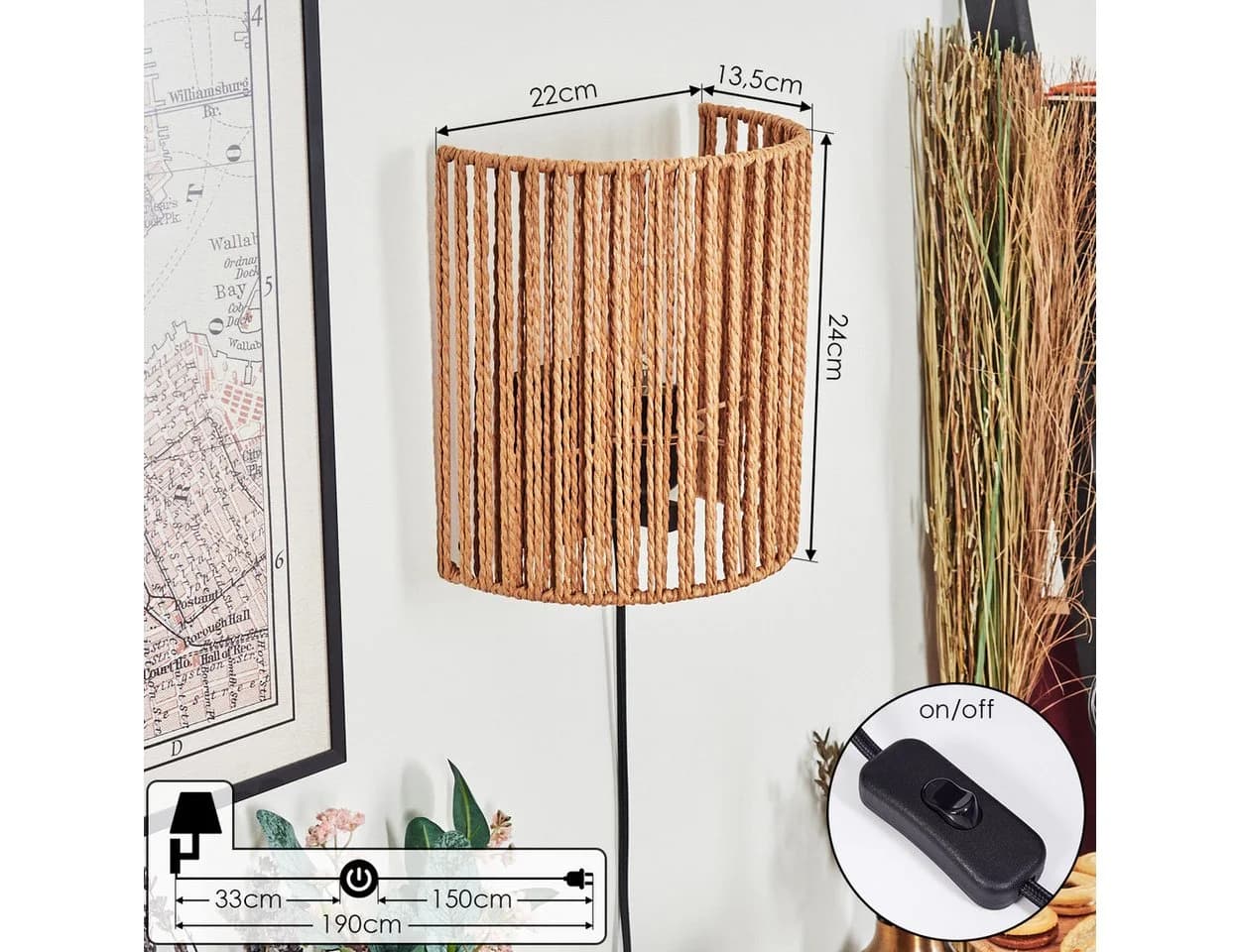 hofstein Wandleuchte Boho-Design Metall/Seil/Bast Schwarz/Natur E27 - Bild 4