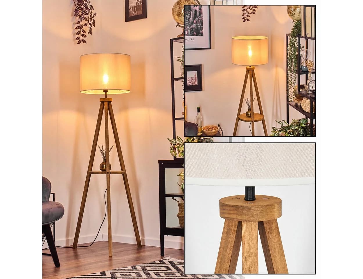 hofstein Stehlampe Boho-Style Holz/Stoff Beige/Weiß E27 - Bild 2
