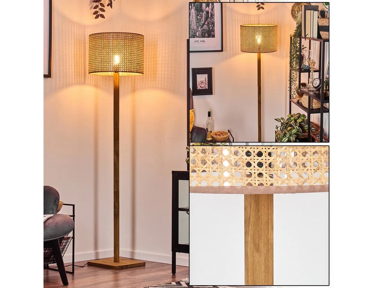 hofstein Stehlampe Boho-Style Holz/Wienergeflecht Beige