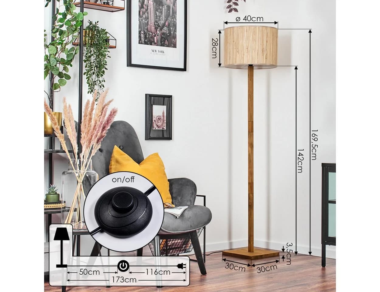 hofstein Stehlampe Skandinavisches Design Holz Seegras Beige - Bild 5