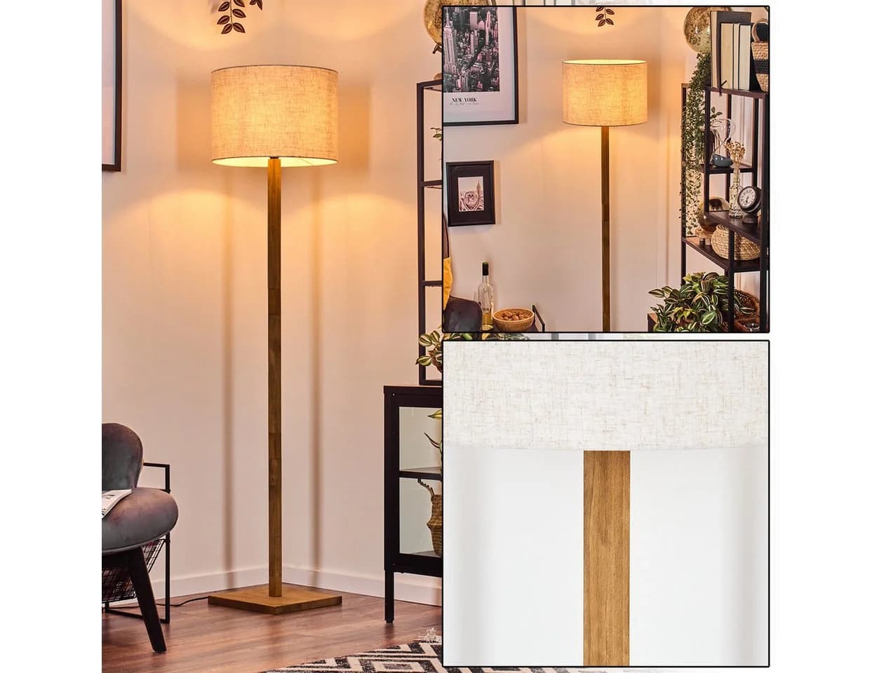 hofstein Stehlampe mit Holzfuß und Stoffschirm E27 - Bild 2