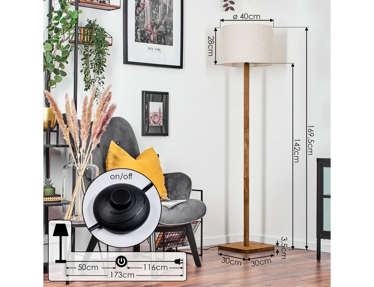 hofstein Stehlampe mit Holzfuß und Stoffschirm E27 - Bild 4
