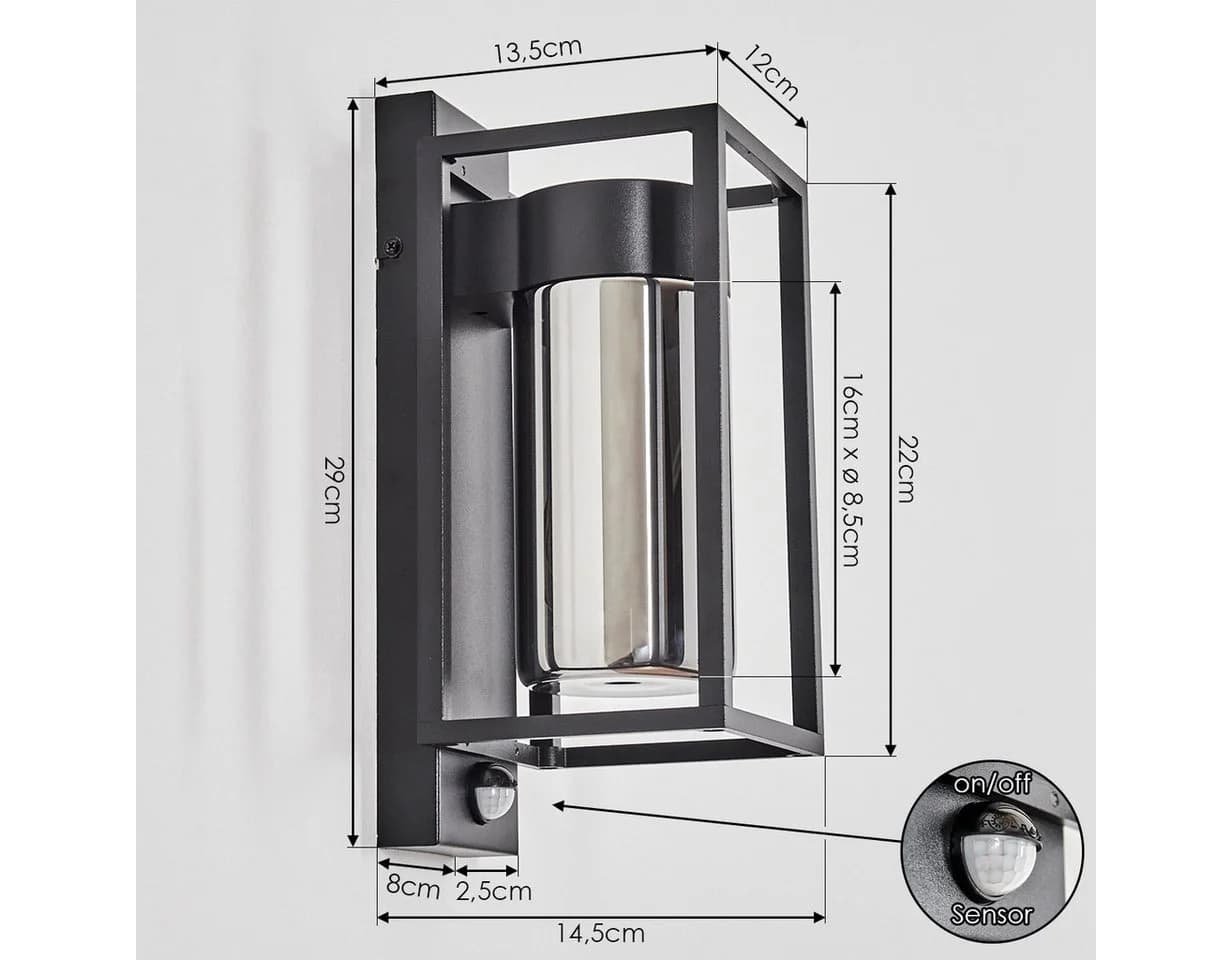 hofstein Außen-Wandleuchte Metall/Glas Schwarz/Rauchfarben Bewegungsmelder IP44 - Bild 4