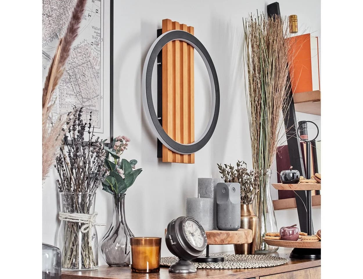 hofstein Wandleuchte Retro/Vintage Holz Metall Schwarz Weiß LED
