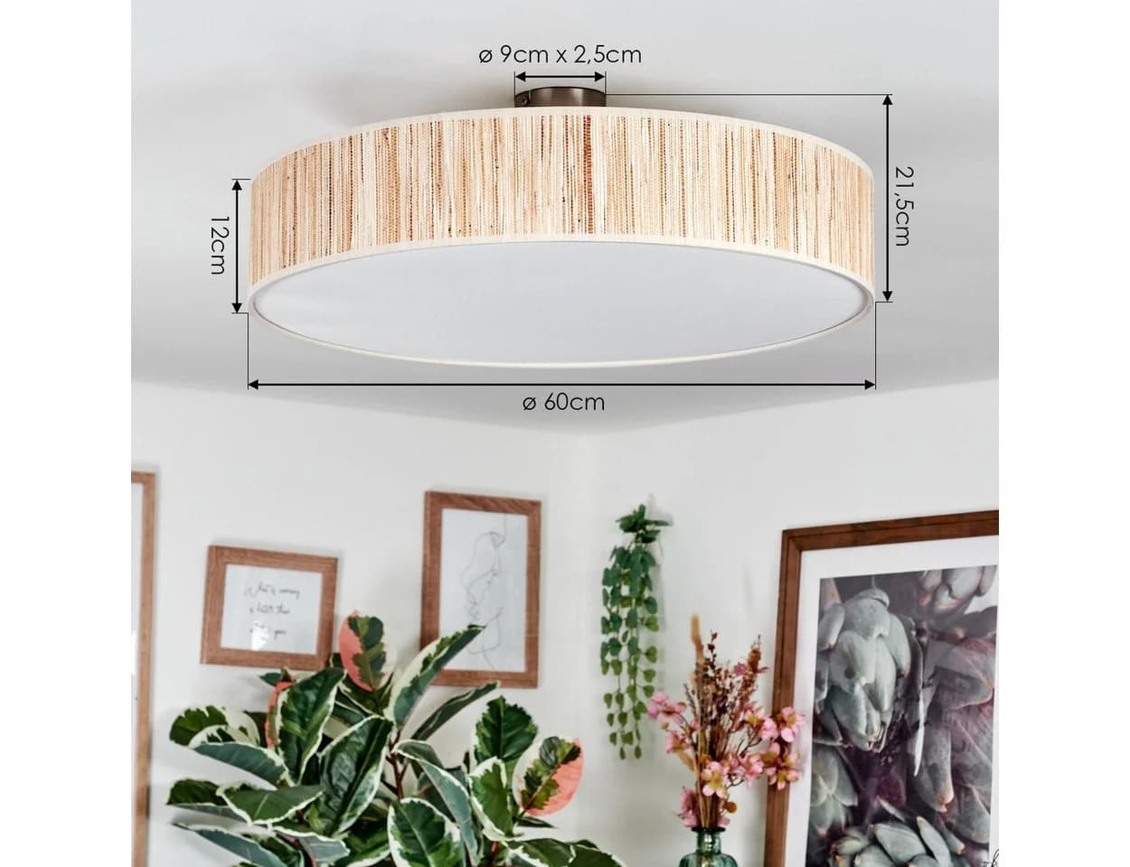 hofstein Deckenleuchte Boho Design Metall Binsenstroh Beige Weiß E27 - Bild 4
