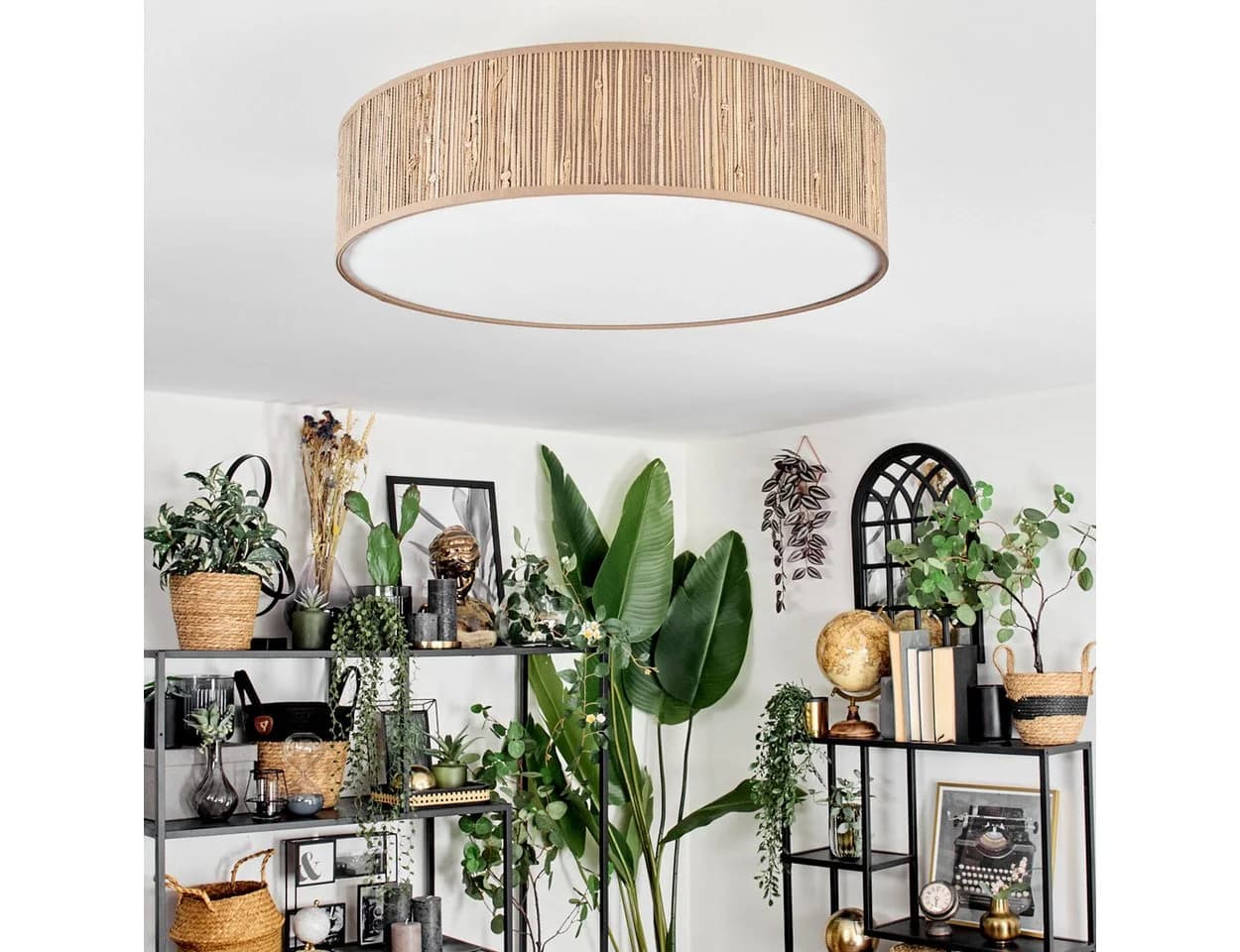 hofstein Deckenleuchte Boho Design Metall Binsenstroh Beige Weiß E27