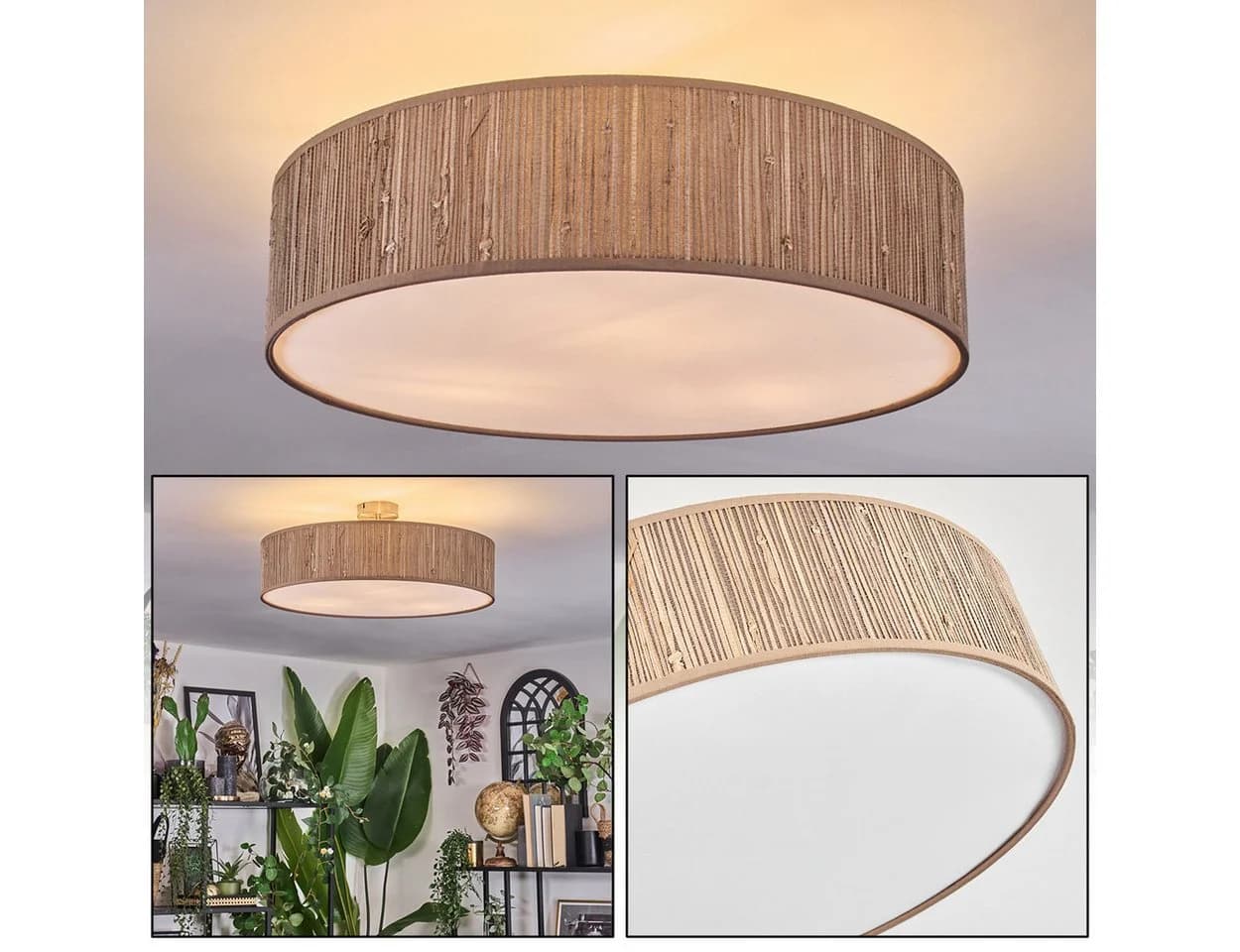 hofstein Deckenleuchte Boho Design Metall Binsenstroh Beige Weiß E27 - Bild 2