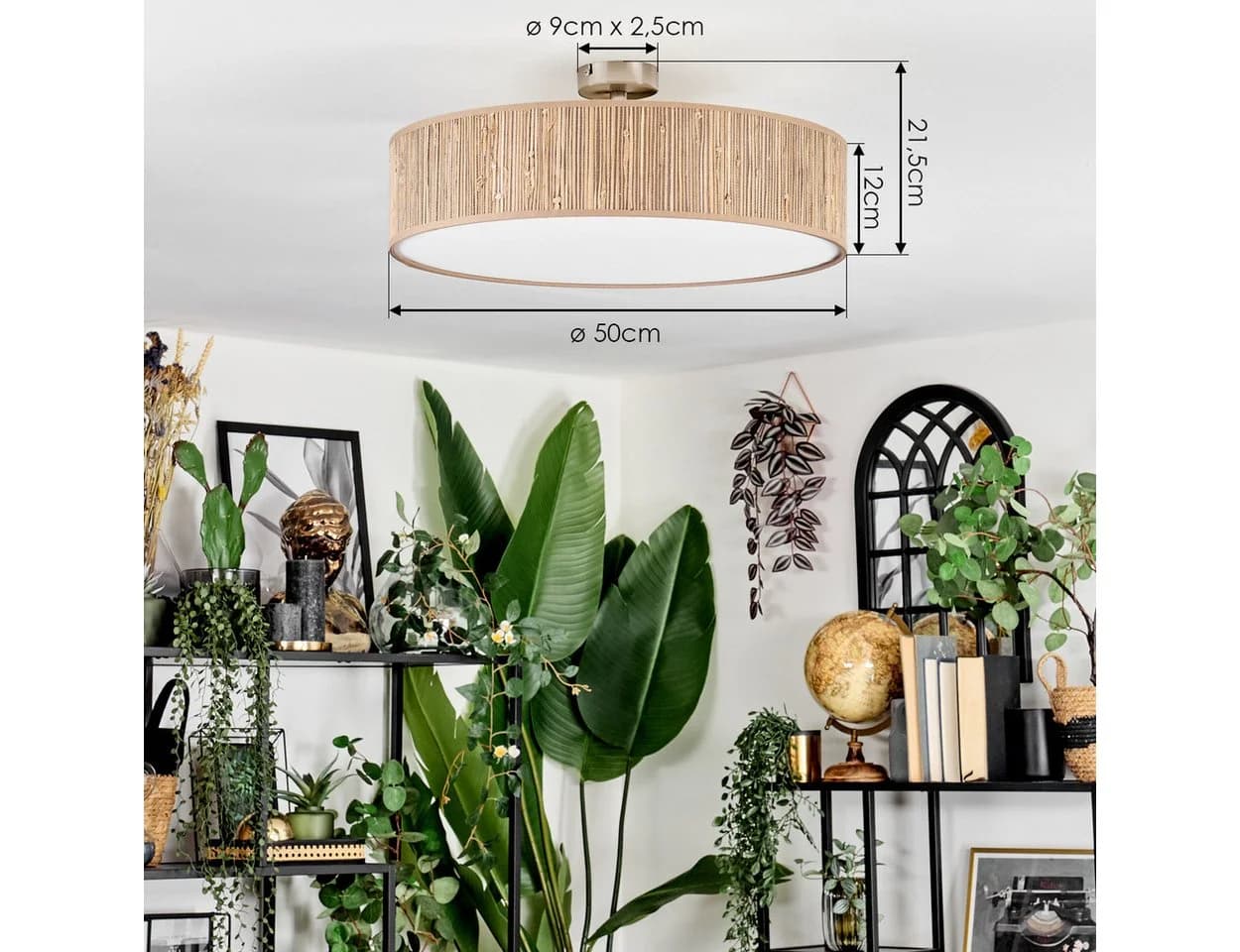 hofstein Deckenleuchte Boho Design Metall Binsenstroh Beige Weiß E27 - Bild 4