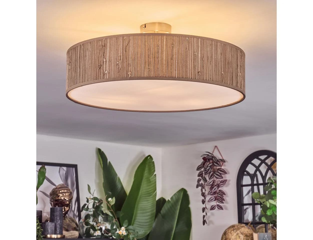 hofstein Deckenleuchte Boho Design Metall Binsenstroh Beige Weiß E27 - Bild 5