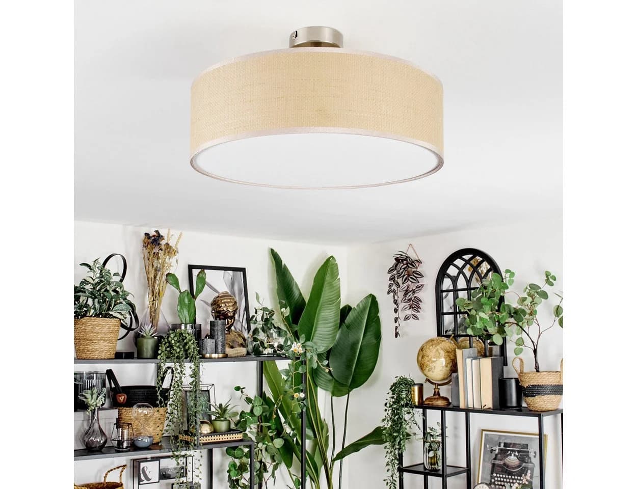 hofstein Deckenleuchte Boho Metall Papier Stoff Nickel Beige