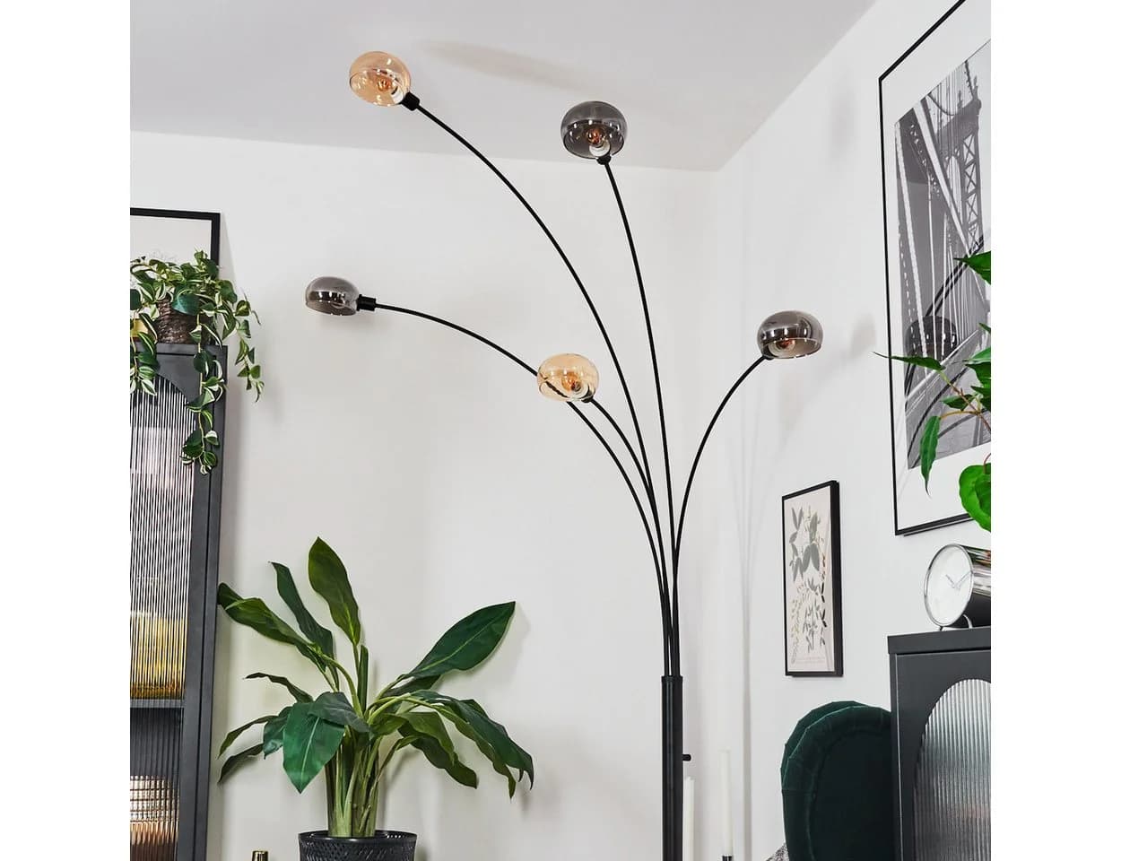 hofstein Stehlampe Schwarz/Rauch/Bernstein Retro-Design