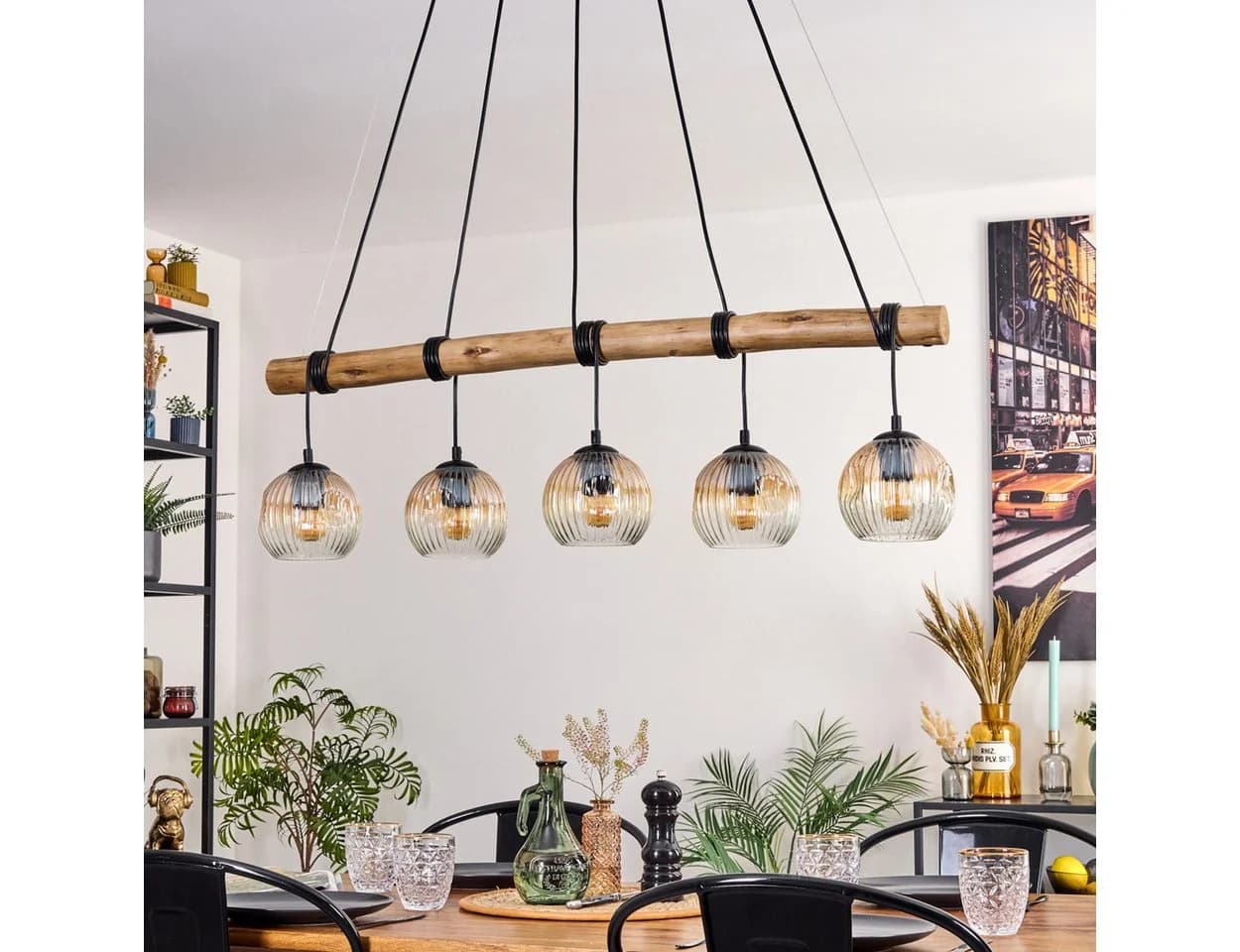 Hofstein Pendelleuchte Retro Boho Design Schwarz/Natur mit Riffelglas