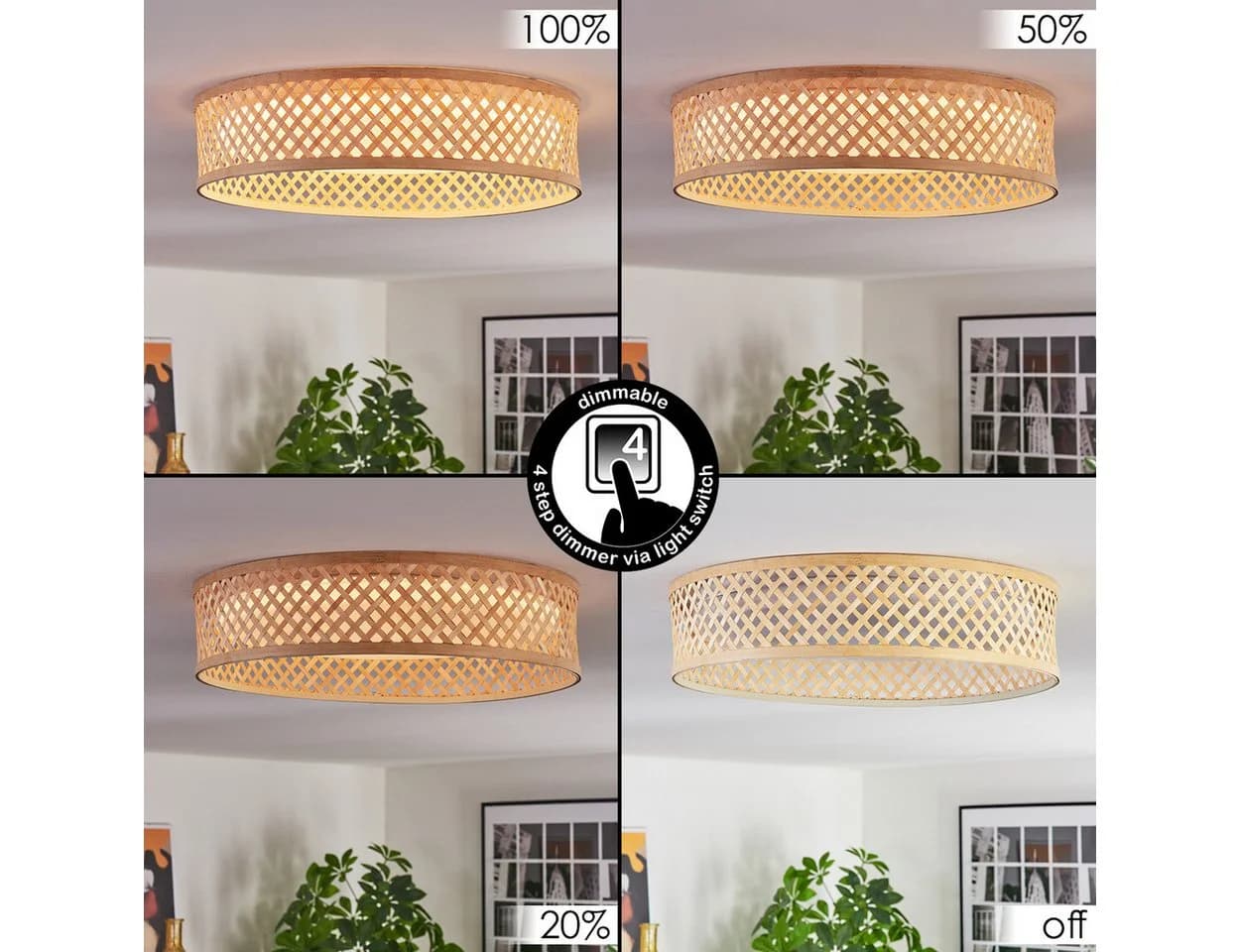 hofstein Deckenleuchte dimmbar LED Retro/Boho Weiß/Bambus