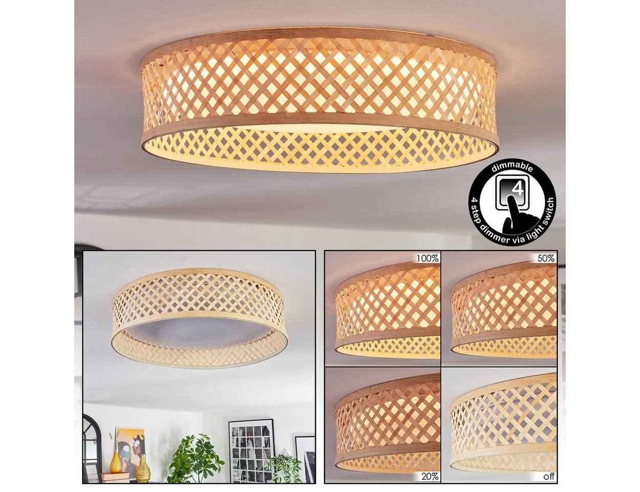 hofstein Deckenleuchte dimmbar LED Retro/Boho Weiß/Bambus - Bild 2